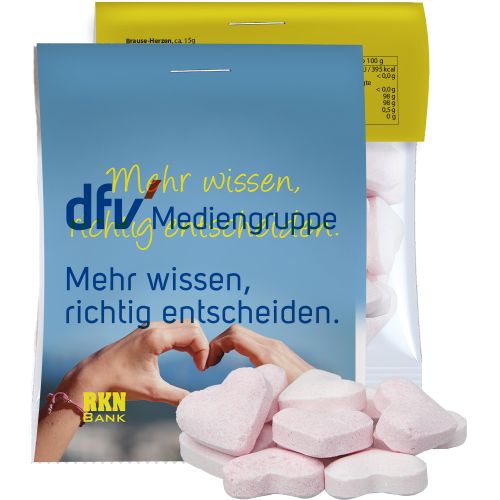 Fizzy hearts mix strawberry and wild cherry, ca. 15g, express midi bag with promotional flyer