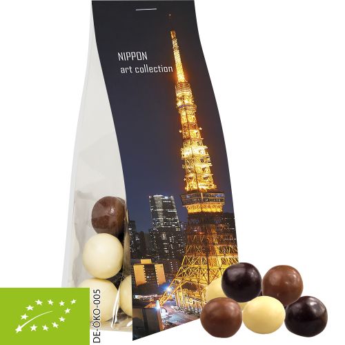 Organic choco crispy balls, ca. 20g, express pouch with promotional flyer