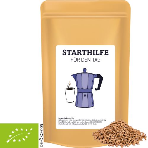 Organic instant coffee, ca. 35g, midi stand up pouch with label