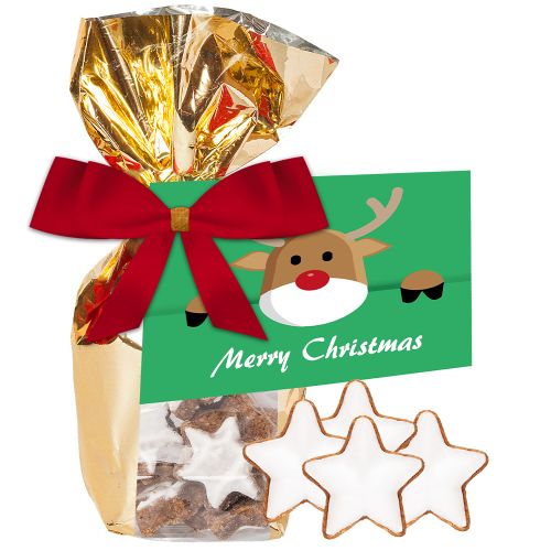 Cinnamon stars, ca. 100g, gold foil with window with advertising card