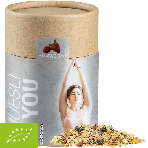 Organic muesli strawberry, ca. 60g, cardboard can midi