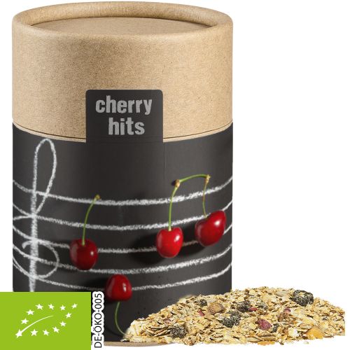 Organic muesli sour cherry, ca. 60g, cardboard can midi