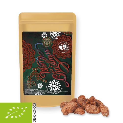 Organic burnt almonds, ca. 30g, mini stand up pouch with label