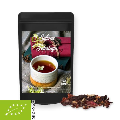 Organic Christmas fruit tea, ca. 20g, mini stand up pouch black with label