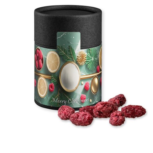 Roasted almonds raspberry, ca. 80g, cardboard can midi black