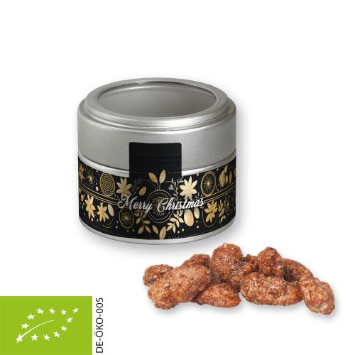 Organic burnt almonds, ca. 60g, metal tin mini silver with window