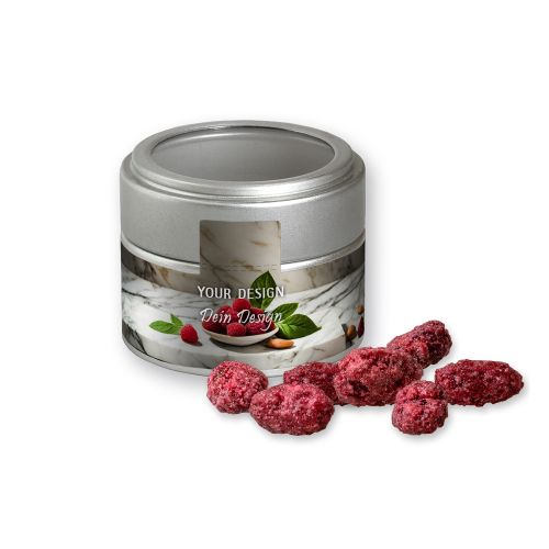 Roasted almonds raspberry, ca. 60g, metal tin mini silver with window
