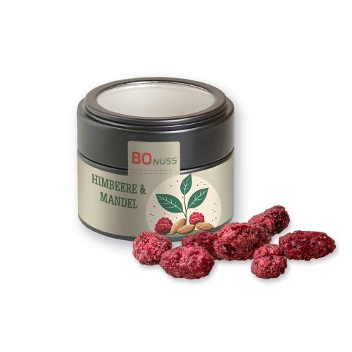 Roasted almonds raspberry, ca. 60g, metal tin mini black with window