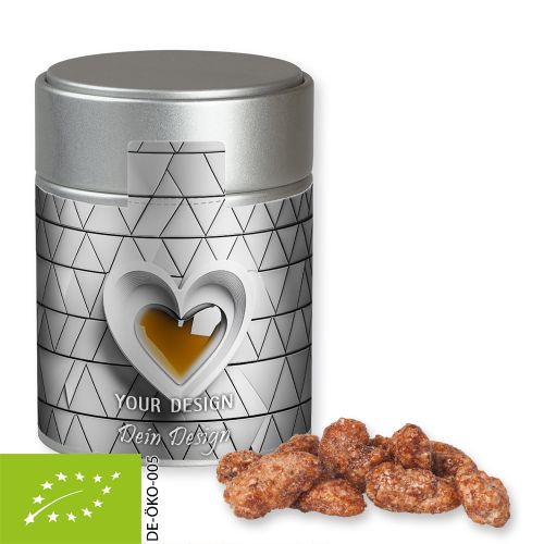 Organic burnt almonds, ca. 100g, metal tin midi silver