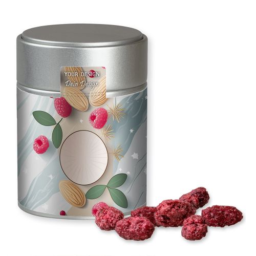 Roasted almonds raspberry, ca. 100g, metal tin midi silver