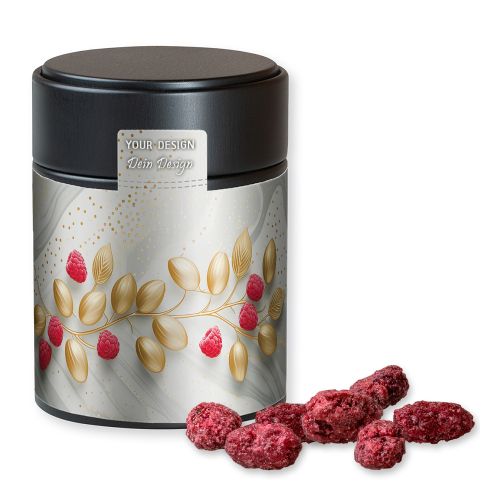 Roasted almonds raspberry, ca. 100g, metal tin midi black