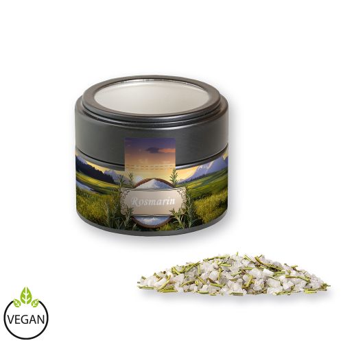 Rosemary salt, ca. 75g, metal tin mini black with window
