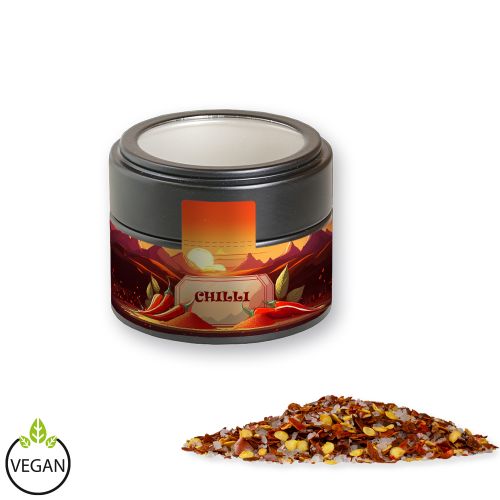 Chili salt, ca. 45g, metal tin mini black with window