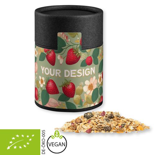 Organic muesli strawberry, ca. 60g, cardboard can midi black
