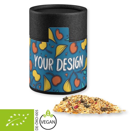 Organic muesli sour cherry, ca. 60g, cardboard can midi black