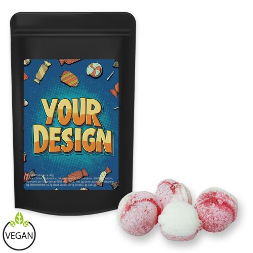 Strawberry yogurt candy, ca. 80g, midi stand up pouch black with label