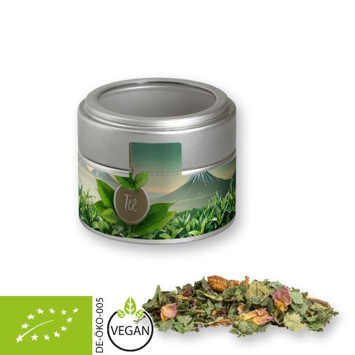 Organic herbal tea happiness, ca. 25g, metal tin mini silver with window