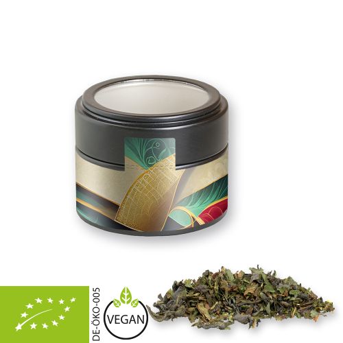 Organic green tea with mint, ca. 18g, metal tin mini black with window