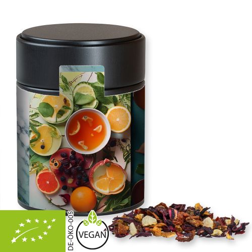 Organic fruit tea good mood, ca. 60g, metal tin midi black