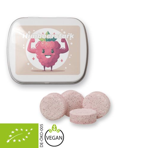 Organic raspberry drops, ca. 20g, mint tin white